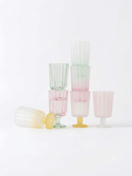 Assorted hand-blown petal goblets with pastel pink, green, yellow, and white tones.