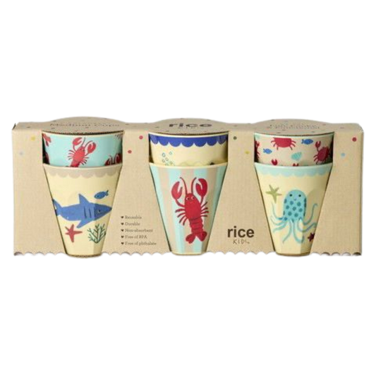 Medium melamine cup set, 6-pack, blue ocean animal prints