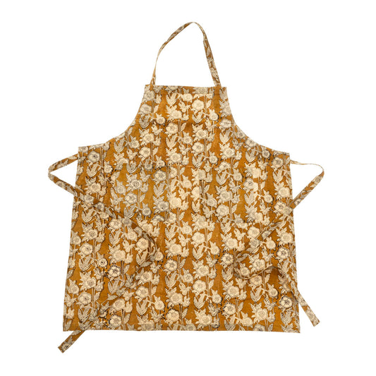 Marigold apron with a golden brown floral print, neck loop, waist ties, and front pockets