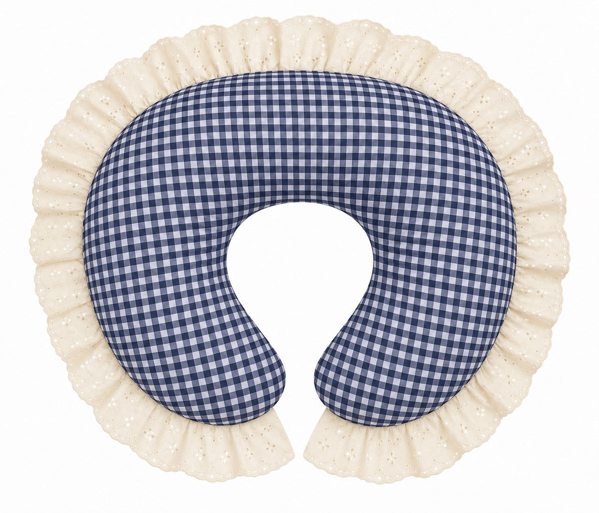Nursing pillow cover with navy gingham and ivory eyelet lace ruffle