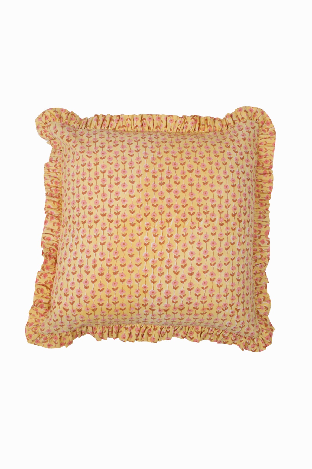 Yellow floral blockprint pillow cover with gathered ruffle trim, square shape