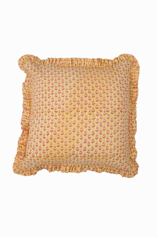 Yellow floral blockprint pillow cover with gathered ruffle trim, square shape