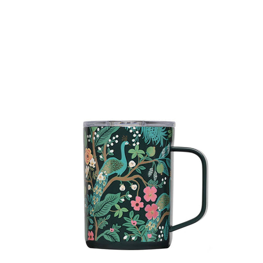 16 oz mug with a dark peacock blue floral pattern, peacock illustration, and black handle