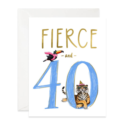 Fierce 40th birthday card with a blue number 40, a tiger, and a colorful bird