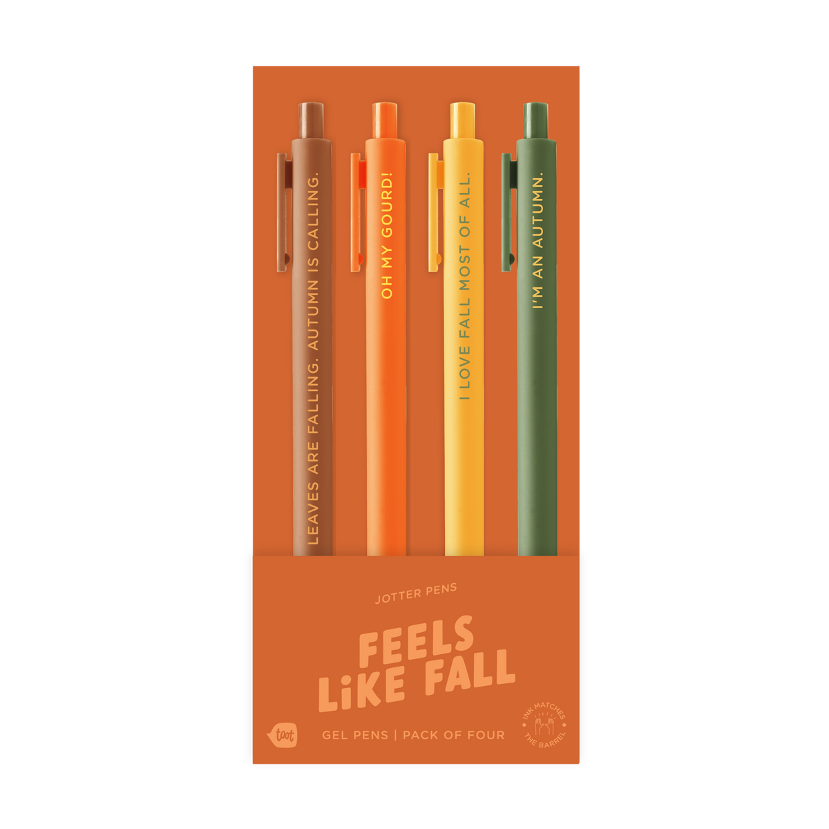 Four-pack of fall-themed gel pens in brown, orange, yellow, and green.