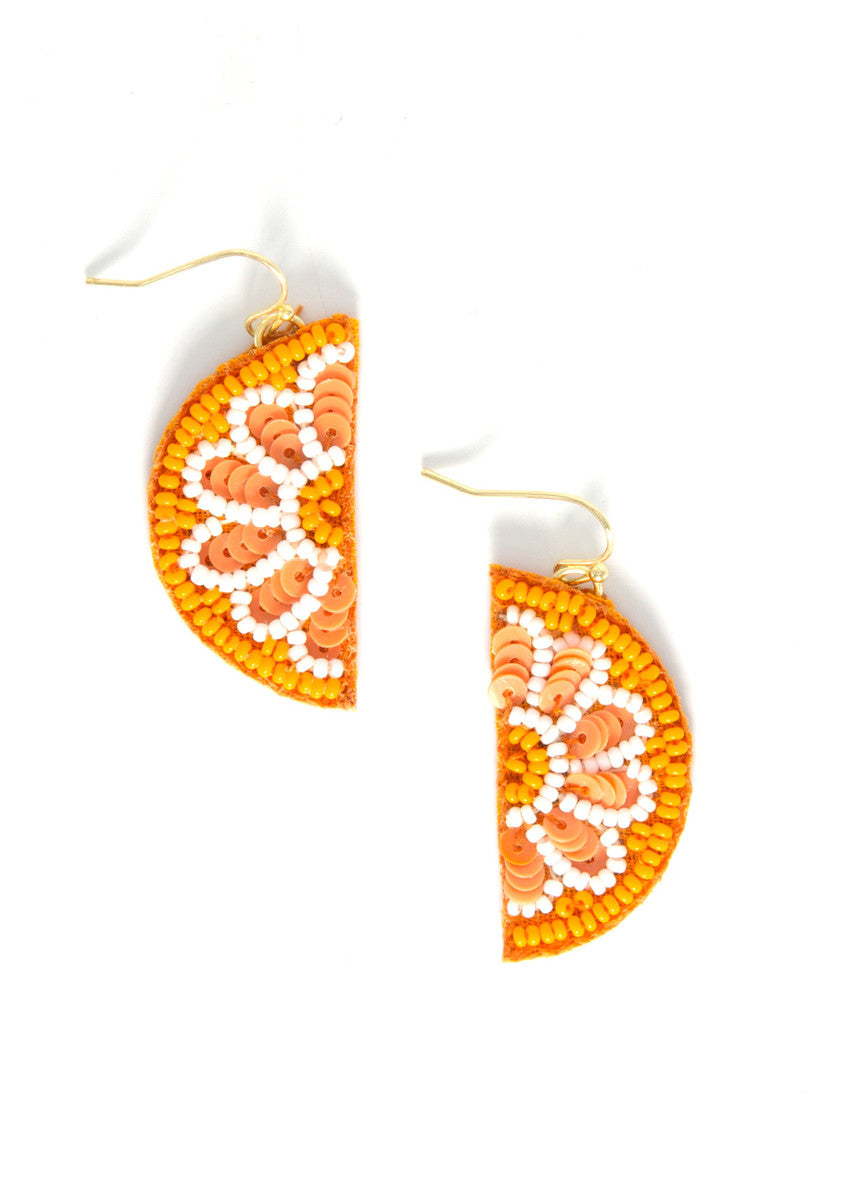 Beaded citrus-slice drop earrings, orange with white and yellow detail