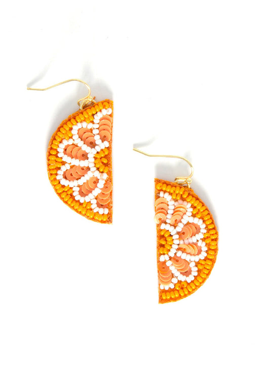 Beaded citrus-slice drop earrings, orange with white and yellow detail