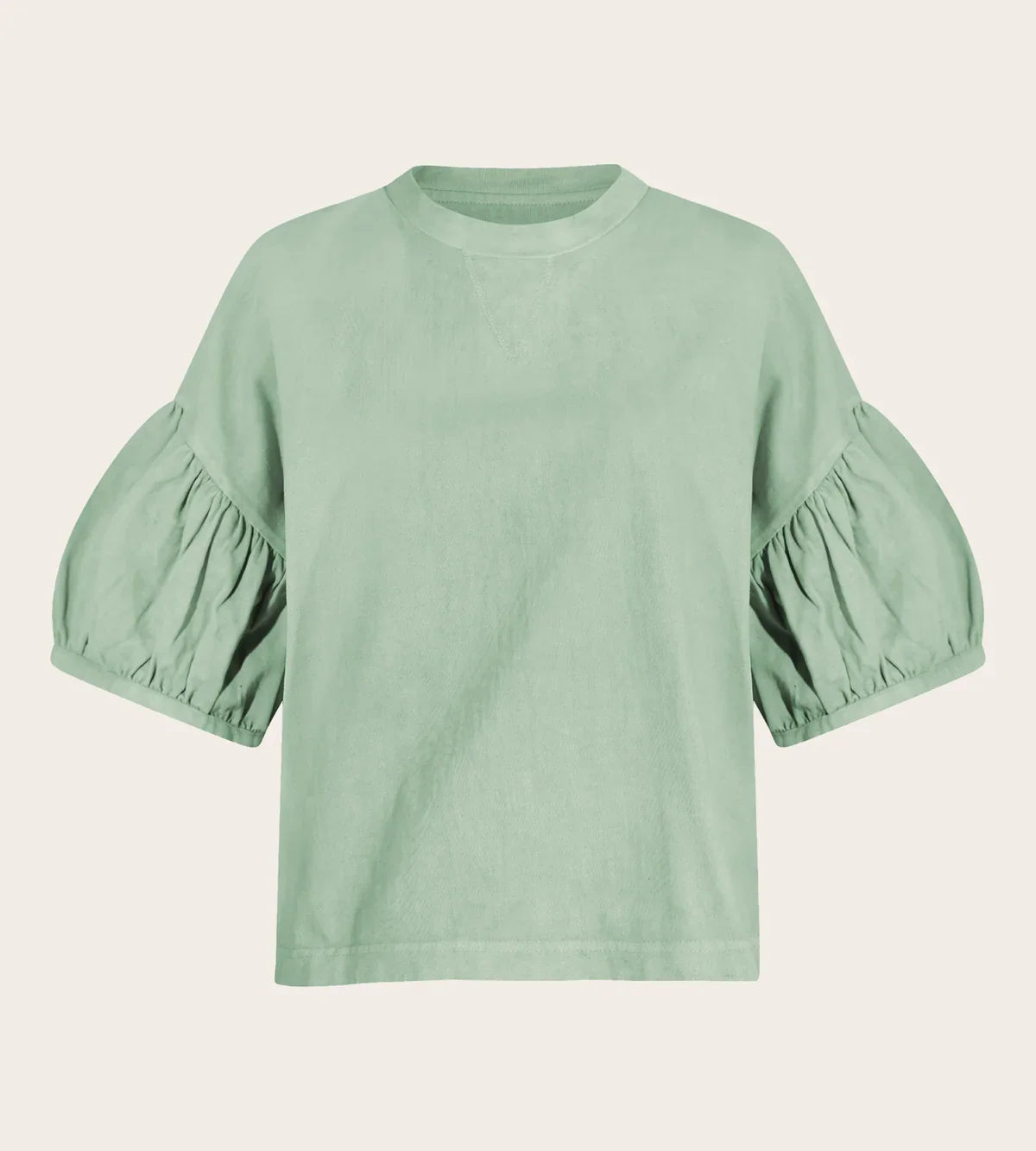 Sage green tee with a crew neck, short gathered puff sleeves, and a straight hem
