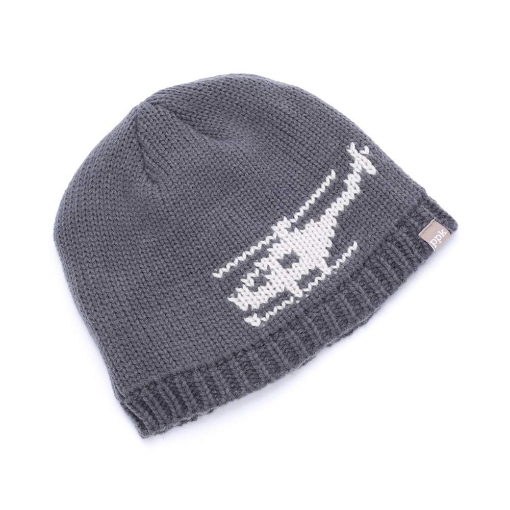 Gray knit beanie with white helicopter design and ribbed cuff