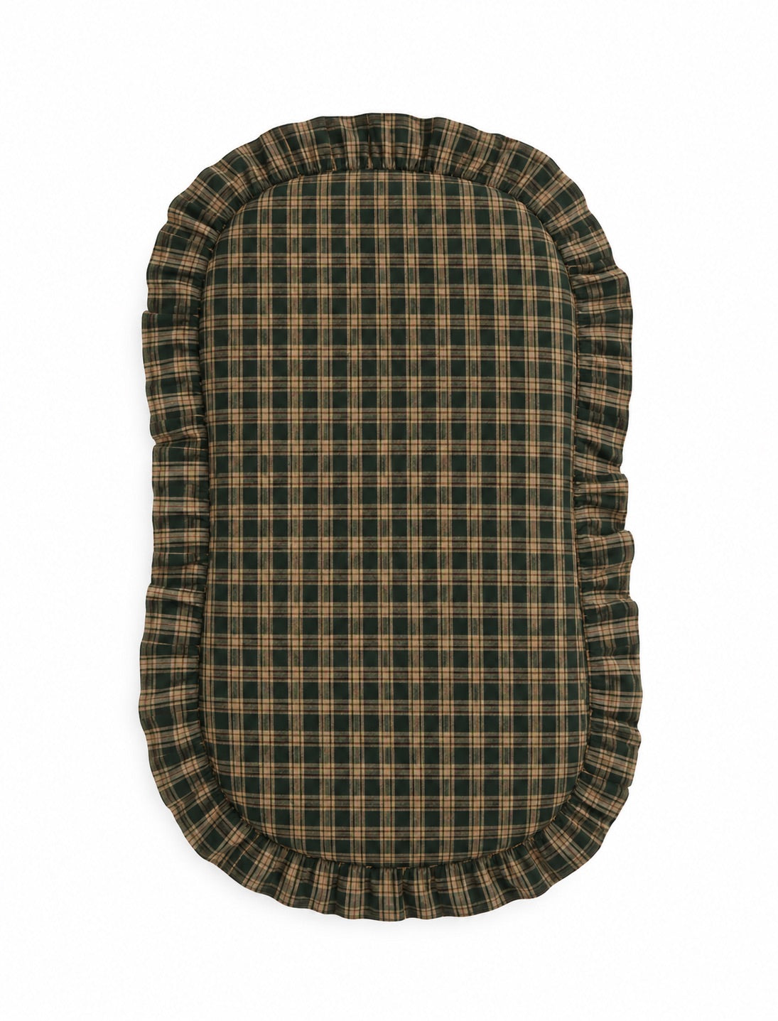 Green plaid baby lounger cover with a ruffled edge