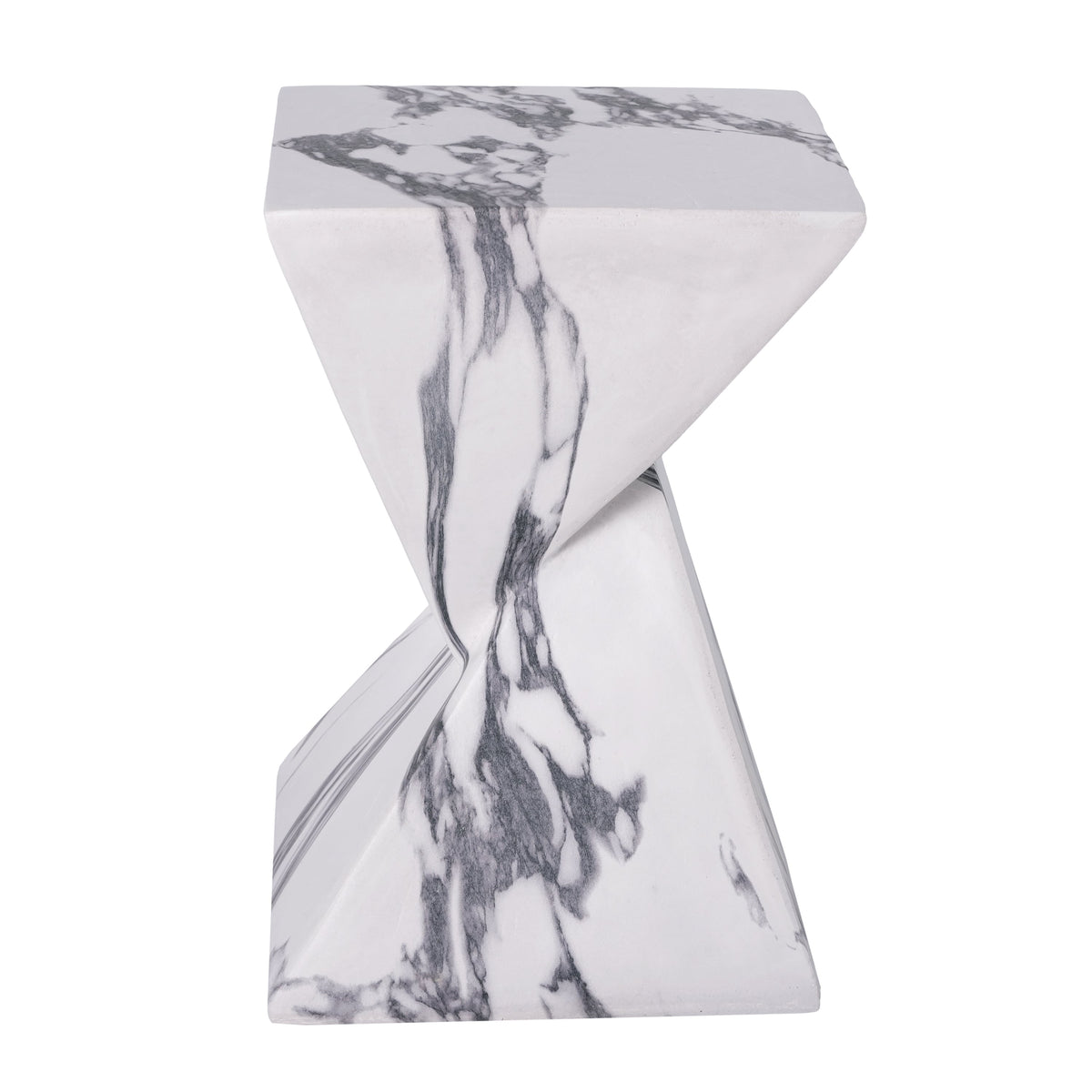 Concrete side table with a twisted hourglass shape and gray veining