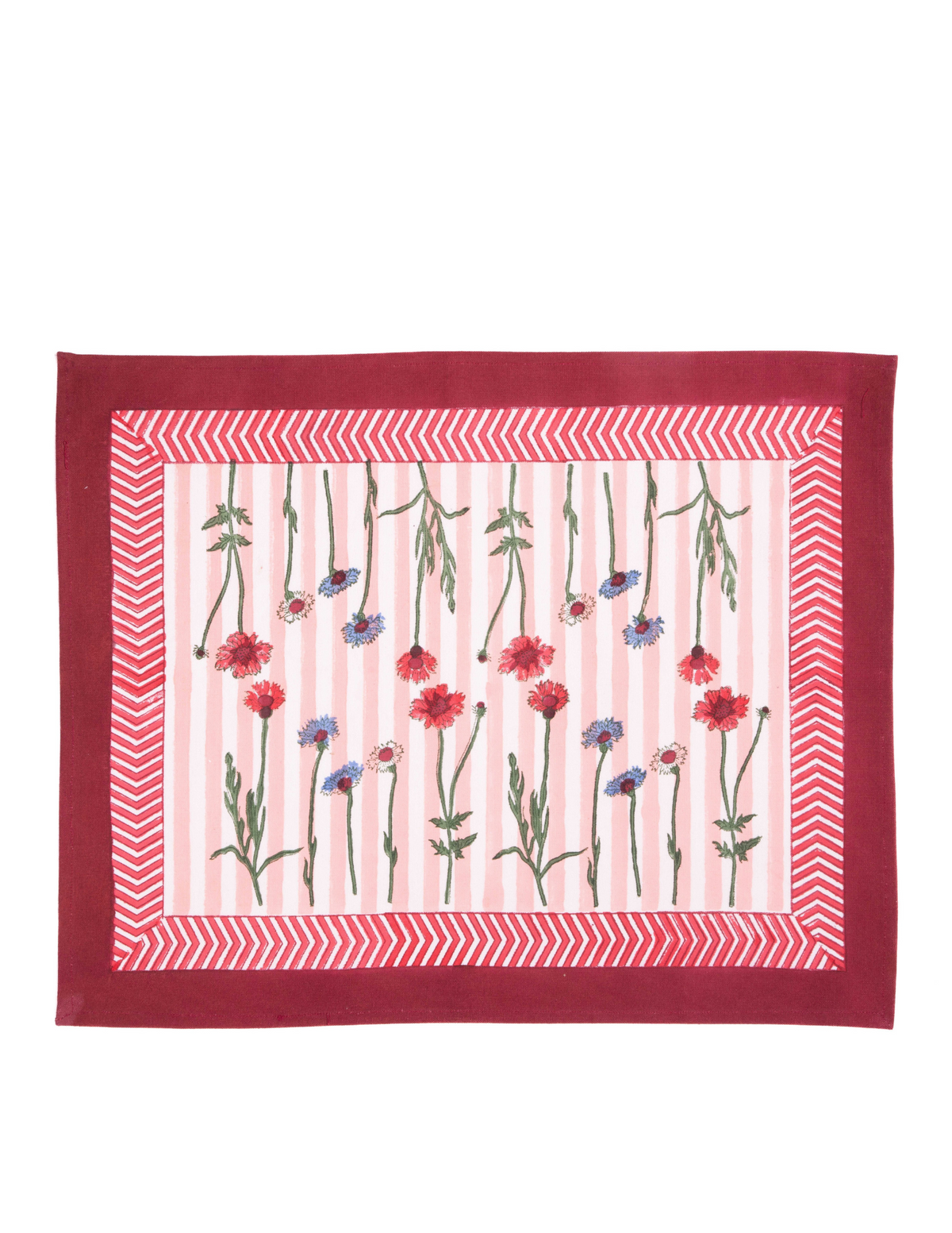 Set of 2 blockprint placemats with red border, chevron stripes, floral sprigs