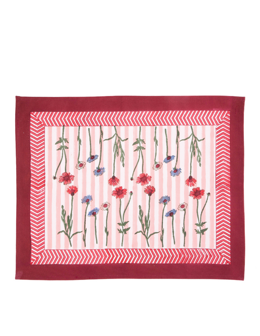 Set of 2 blockprint placemats with red border, chevron stripes, floral sprigs