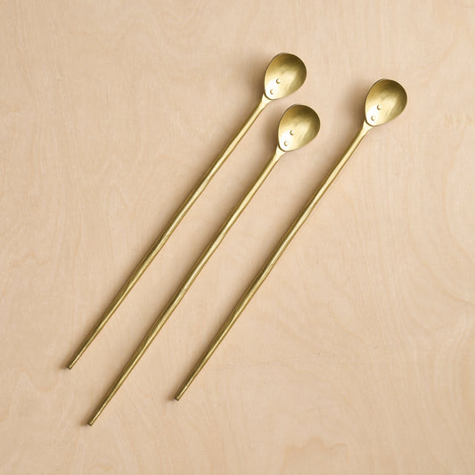 Set of 3 brass tasting spoons with long handles and round scoops