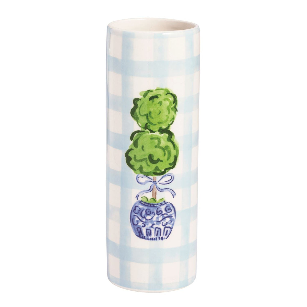 Ceramic topiary vase with pale blue check pattern and green topiary illustration
