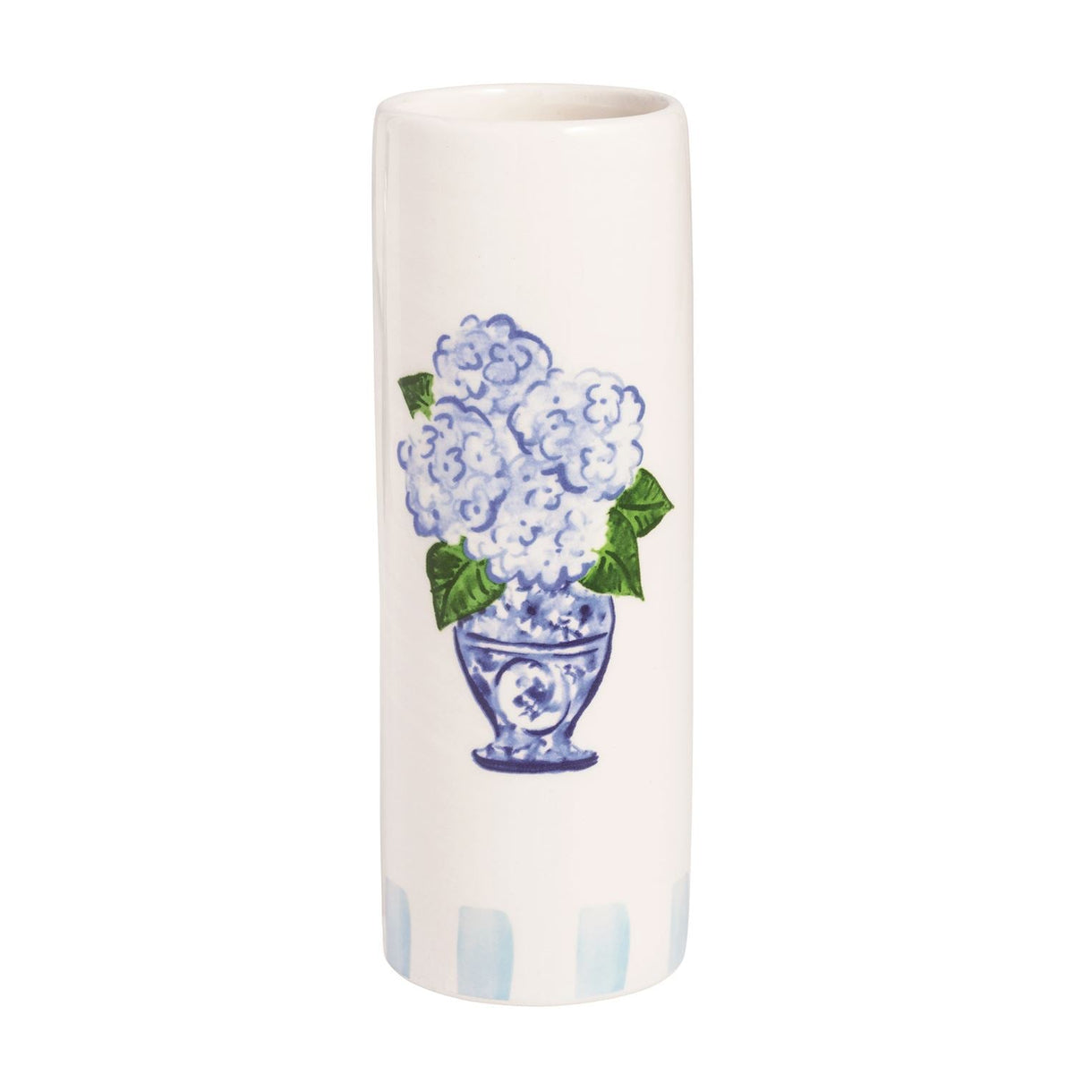 Ceramic topiary vase with blue hydrangea design and green leaf accents