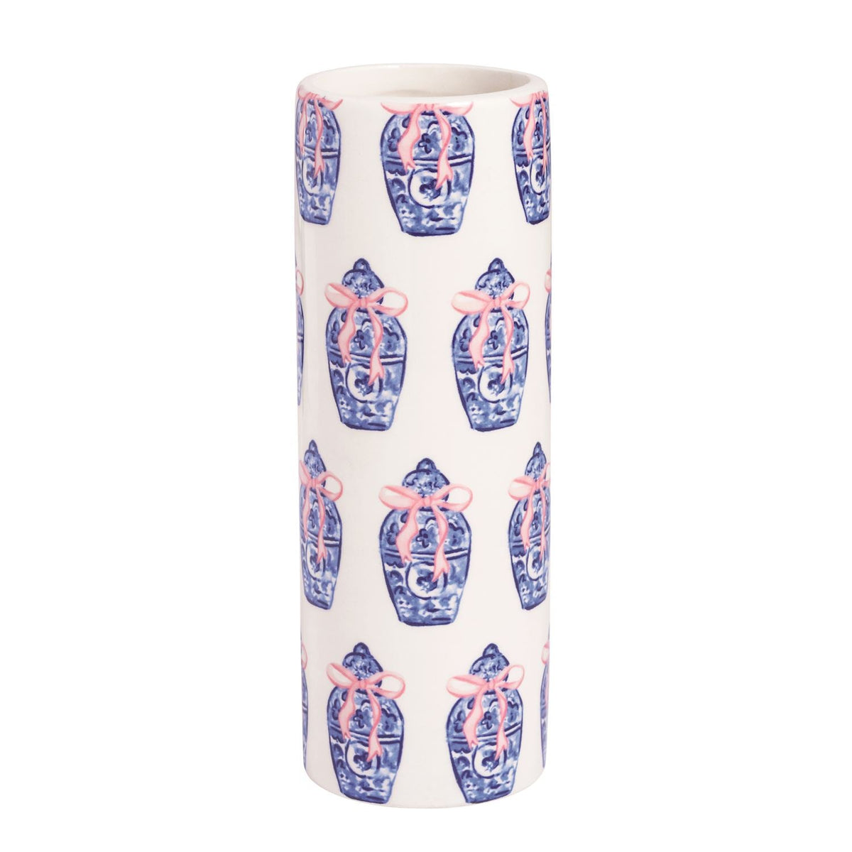 Ceramic topiary vase with blue vases and pink accents, tall cylindrical shape