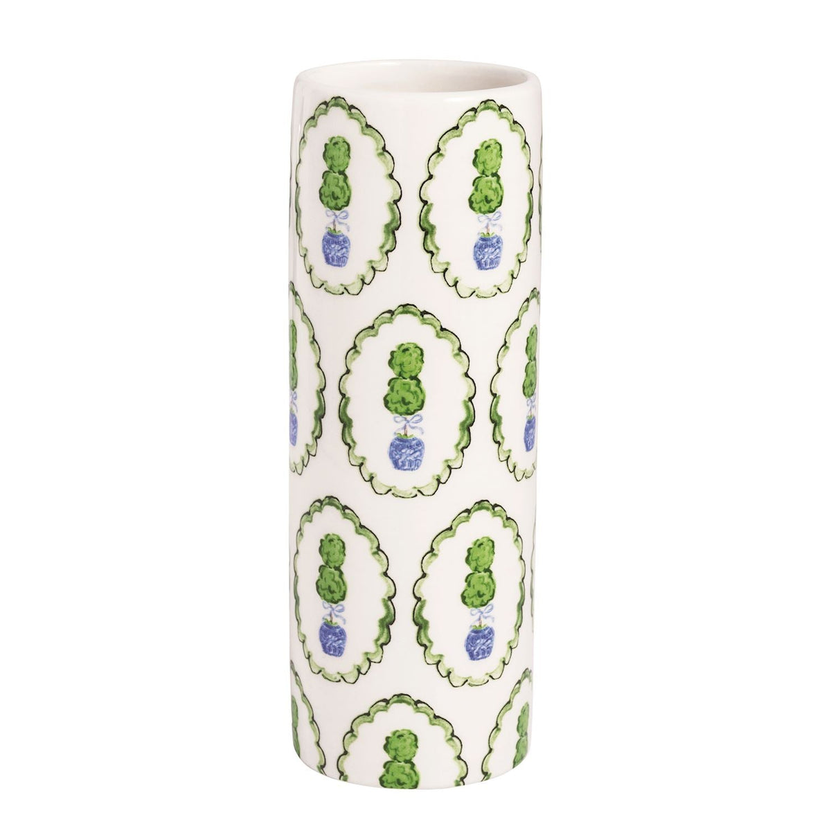 Ceramic topiary vase with repeating green medallion and blue vase motifs