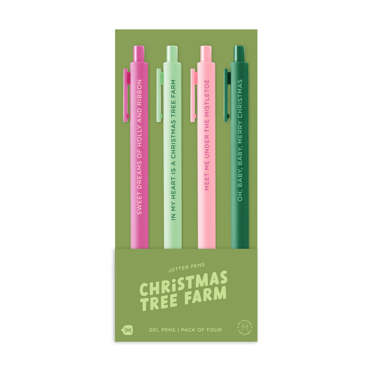 Four-pack of Christmas gel pens in pink, pale green, light pink, and dark green.