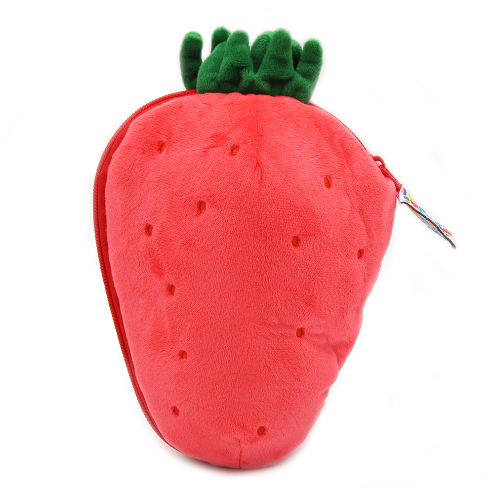 Red strawberry pouch plush with green top leaves, back view