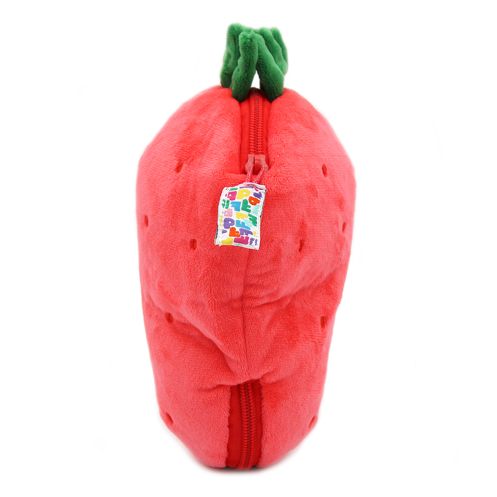 Red strawberry pouch plush with zipper and tag, side view