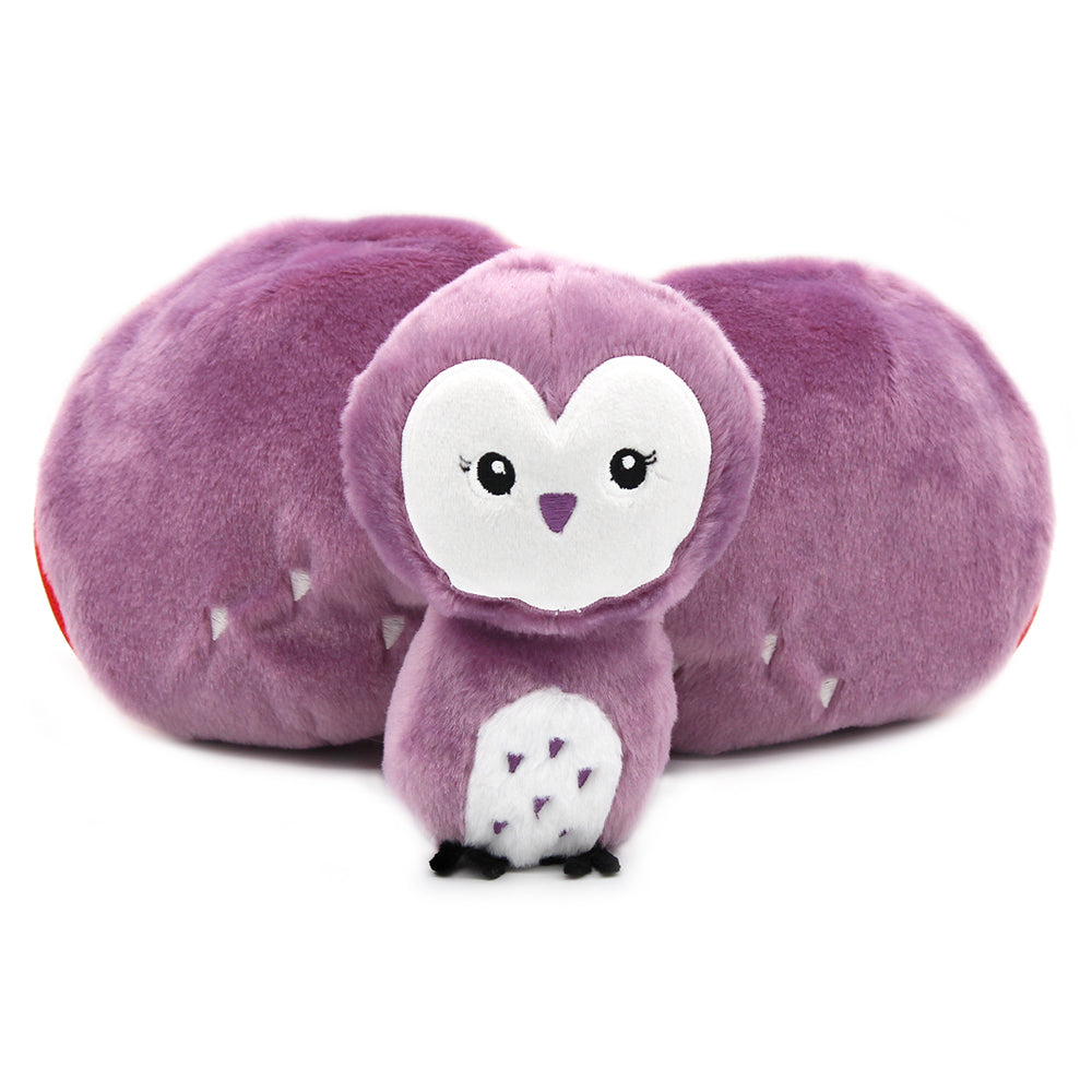 Purple owl plush with heart-shaped face and small owlet