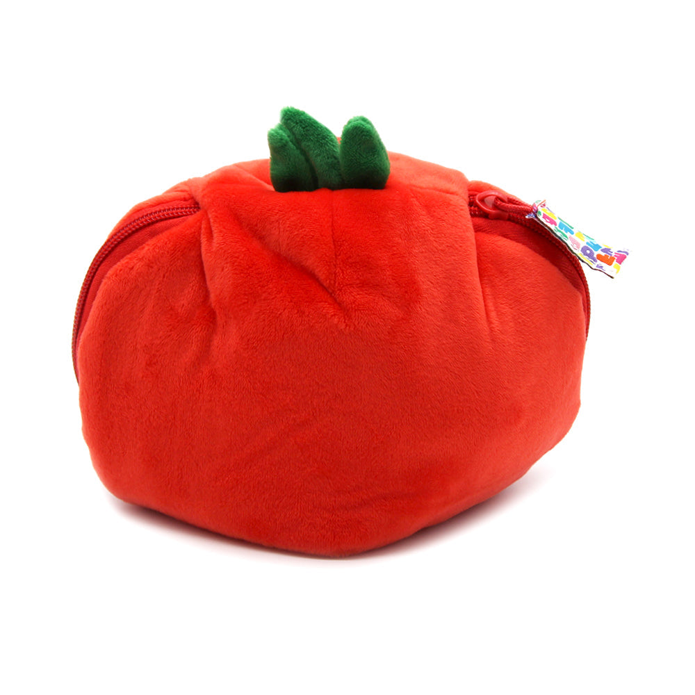Red tomato-shaped plush with green stem and small multicolor tag on side zipper