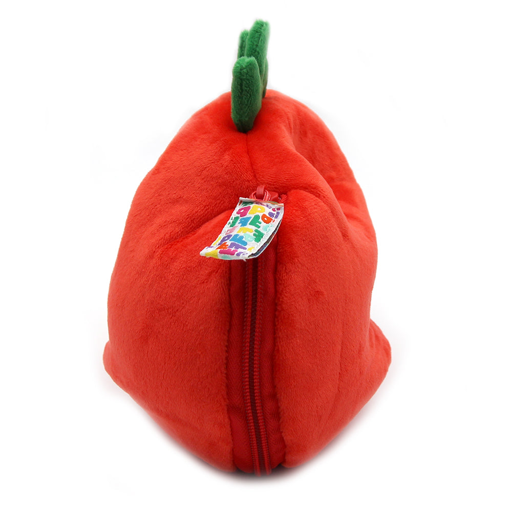 Red tomato plush with green stem, facing view with visible zipper seam
