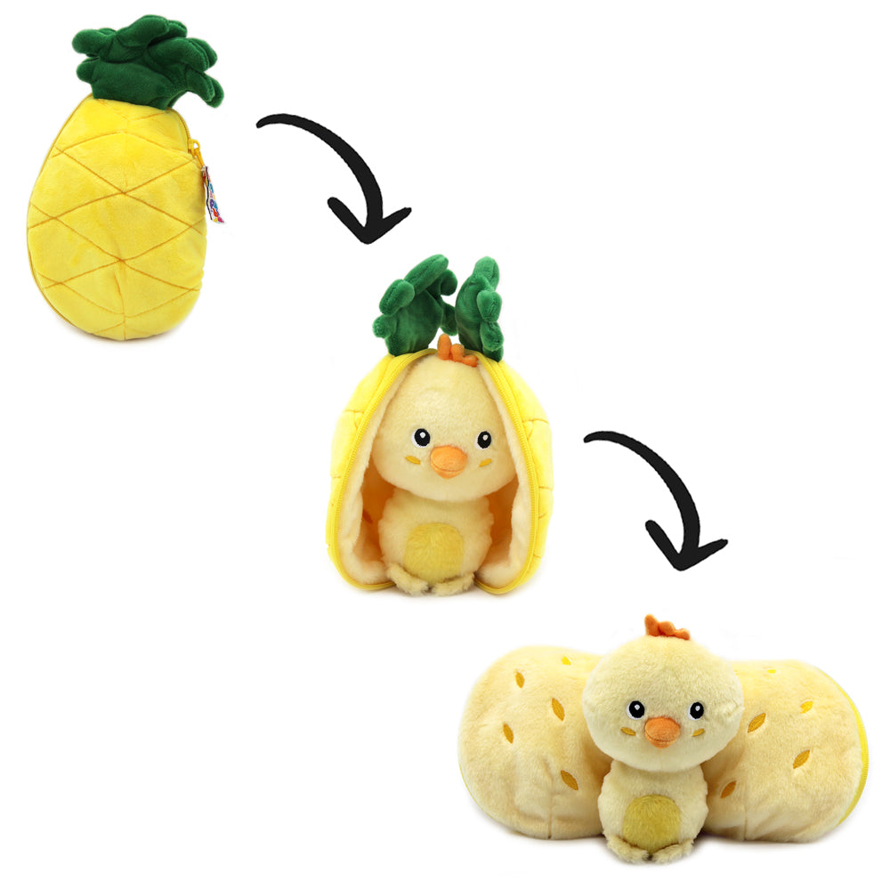 Pineapple plush flip pouch with cute chick peeking out, yellow body and green top