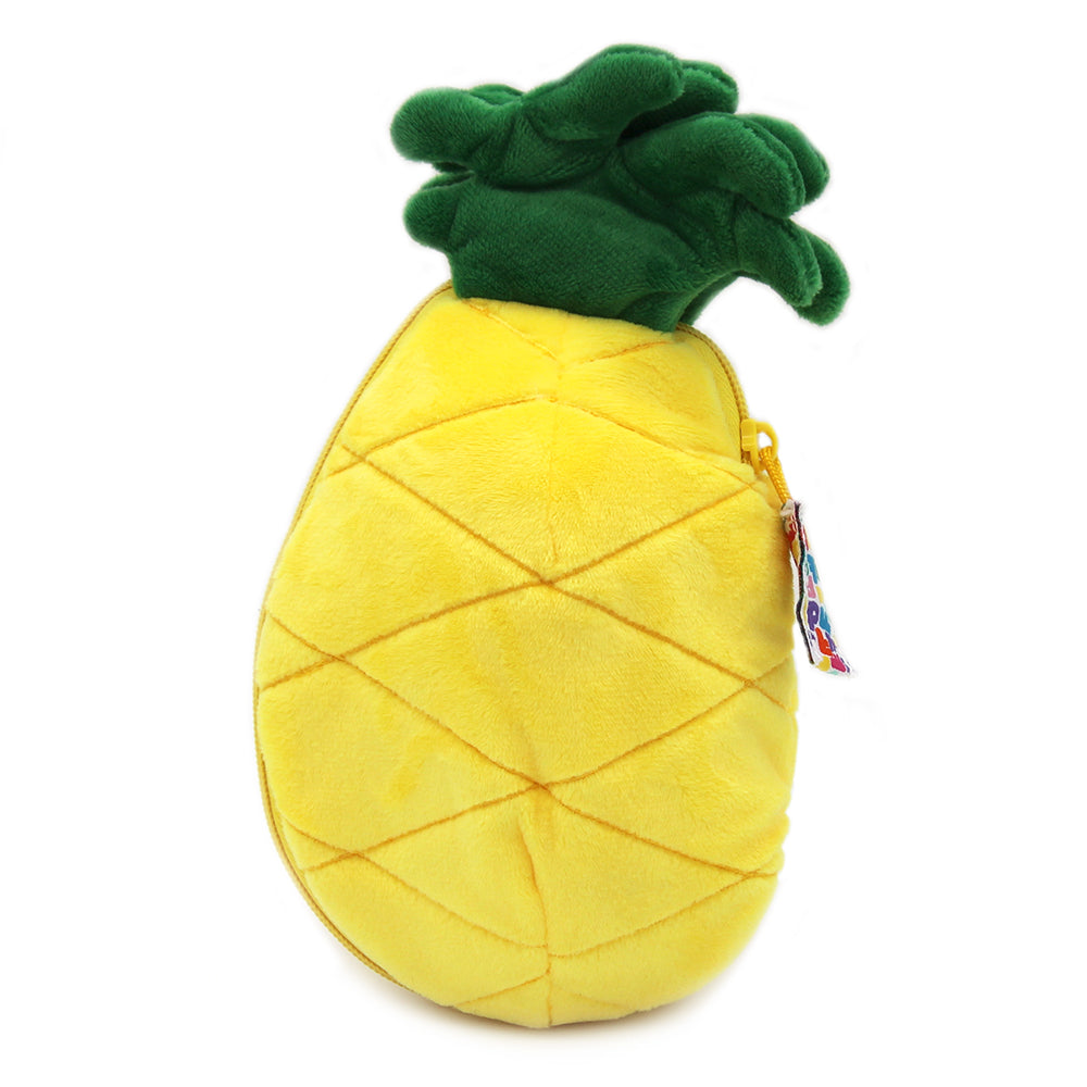 Yellow pineapple plush pouch with textured diamond pattern and green fabric leaves