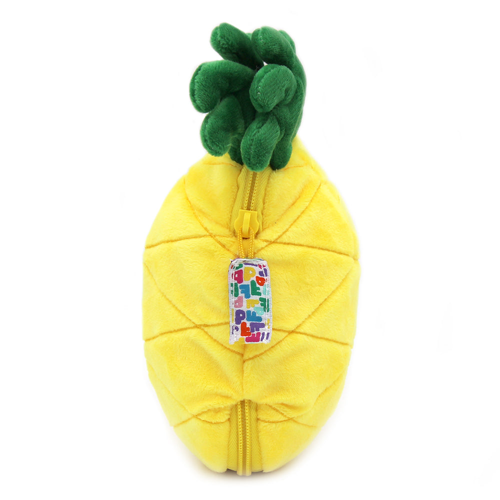 Yellow pineapple plush pouch with zipper and colorful tag, green leafy top