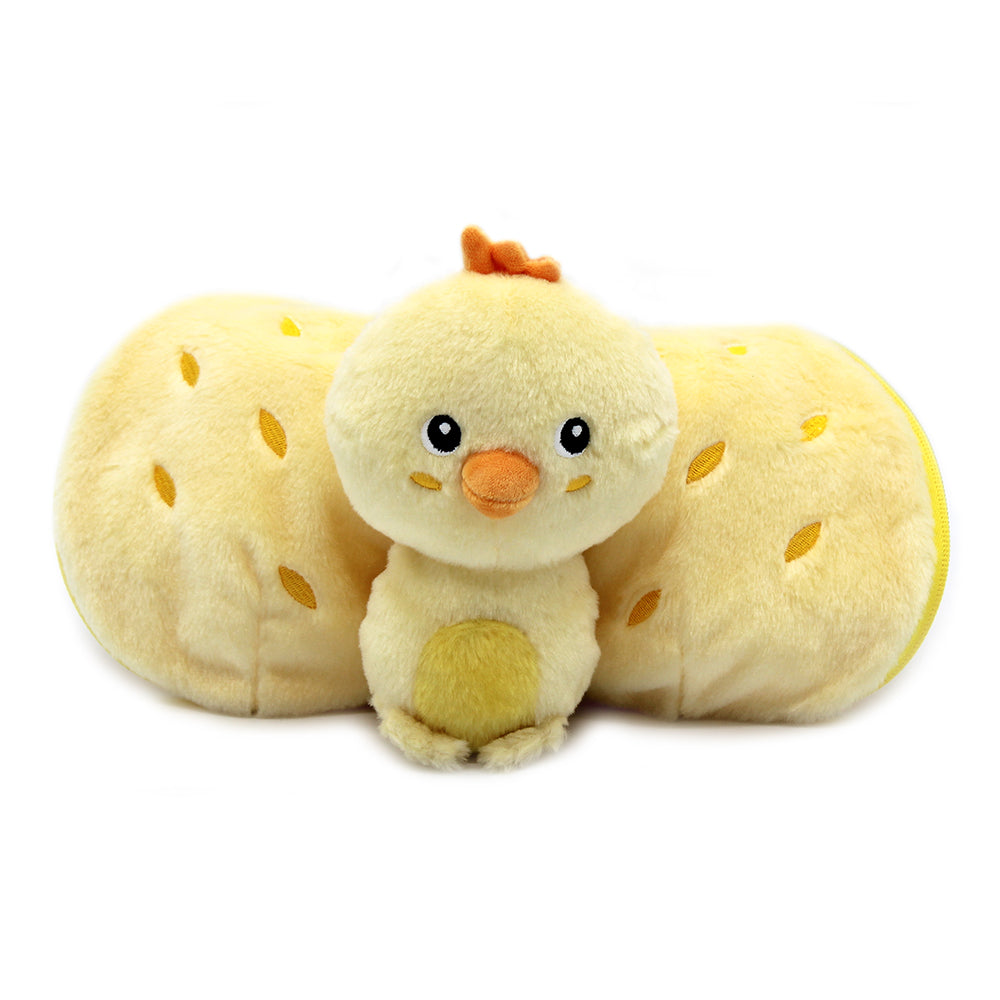 Folded pineapple plush with chick plush in center, pale yellow body and green top