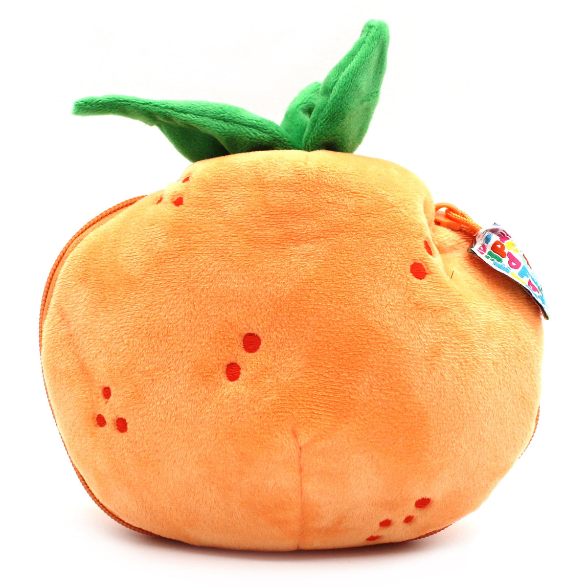 Orange plush tangerine toy with green top and printed face details.