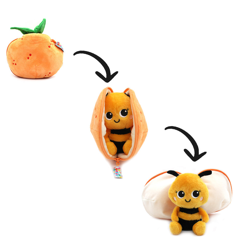 Plush tangerine and bee toys displayed together with arrows pointing to each.
