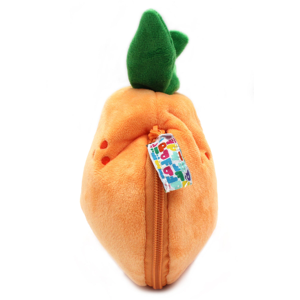 Orange plush tangerine toy with green top, zipper seam, and care tag.