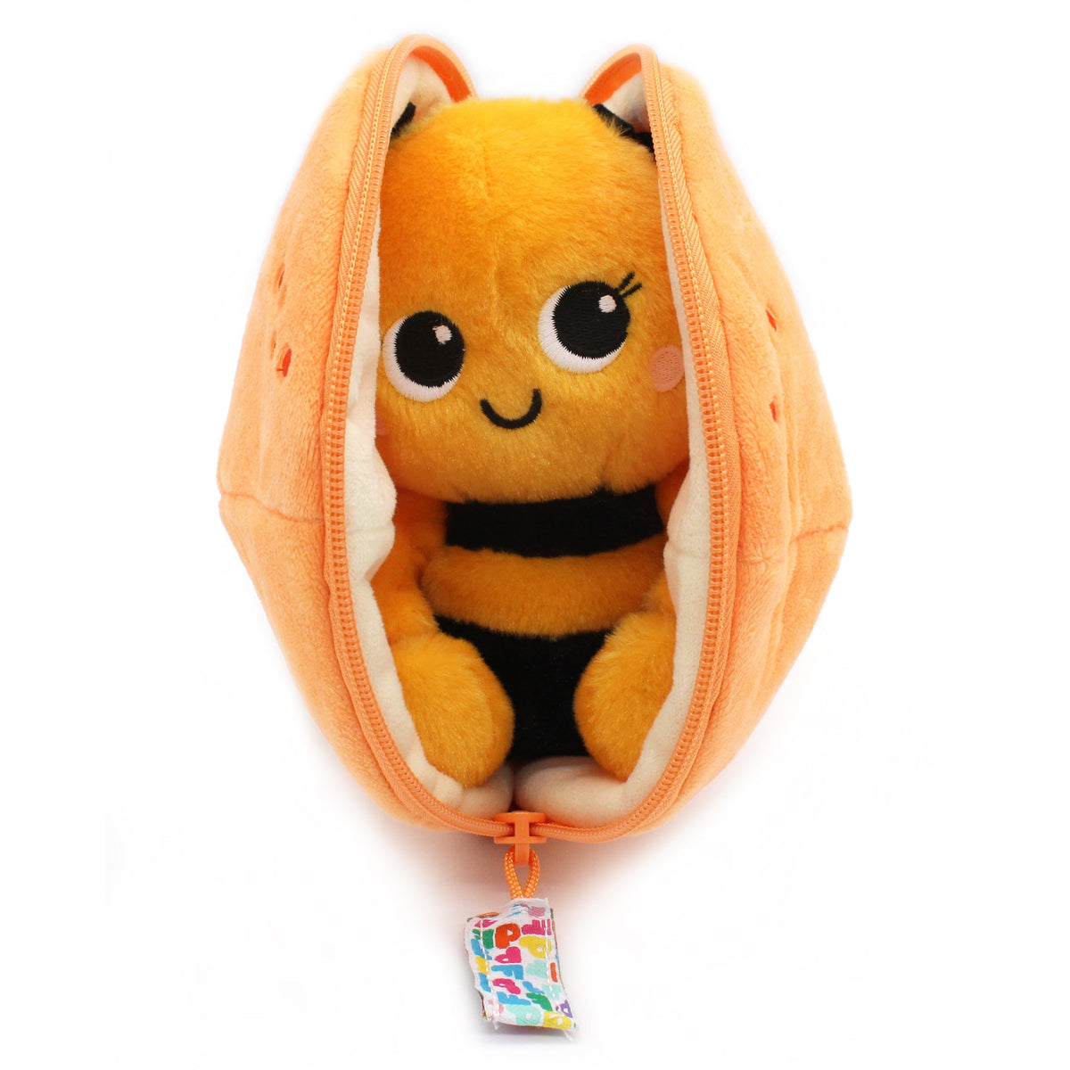 Plush bee toy inside a zippered orange tangerine pouch.
