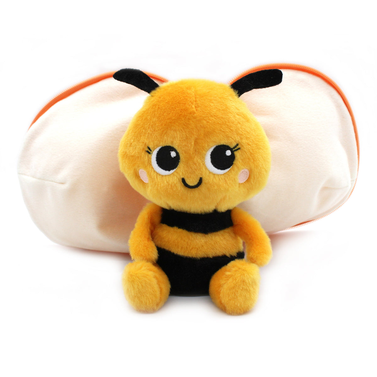 Yellow plush bee toy with black stripes and soft white wing shapes.