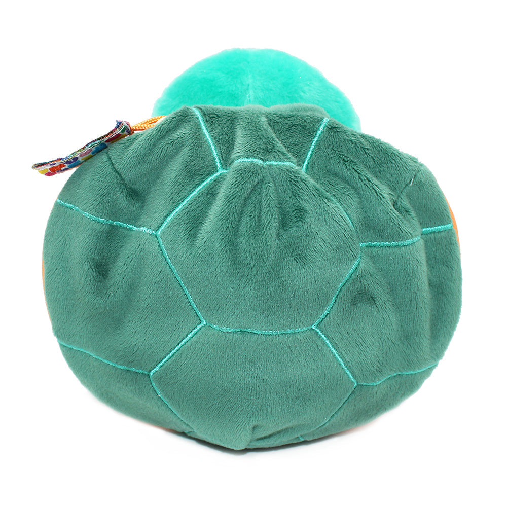 Back view of green plush turtle with stitched shell pattern and rounded shape