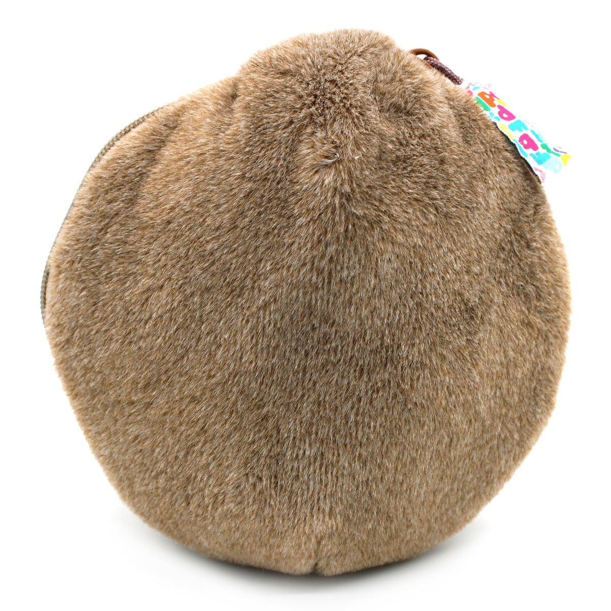 Taupe round plush coconut pouch with colorful tag on side