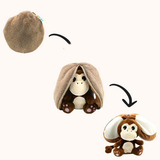 Beige plush pouch with small animal face peeking from rounded hood