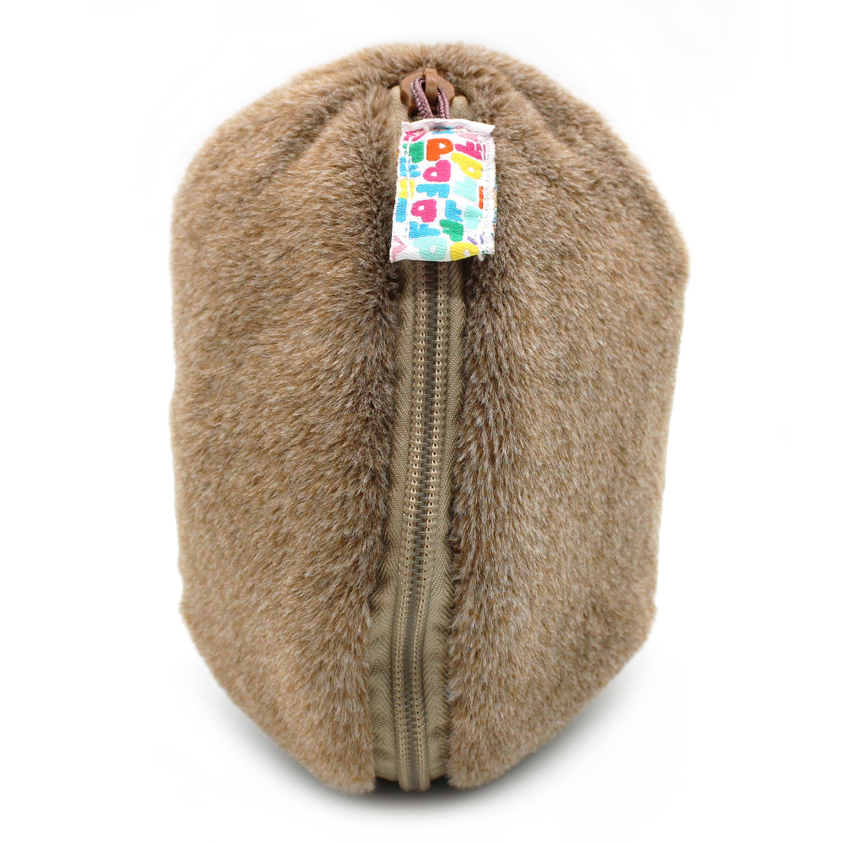 Taupe plush pouch with long zipper and small colorful back tag