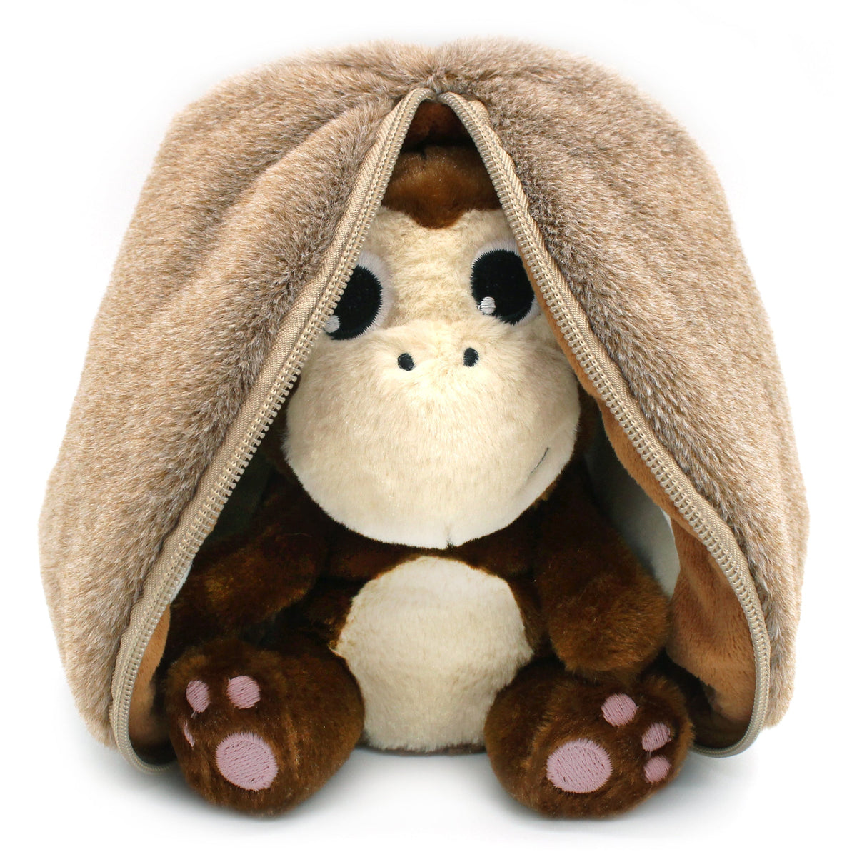 Beige plush pouch open to show white animal face with dark patches