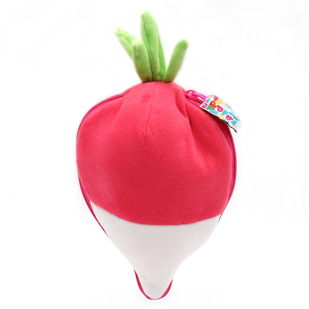 Pink pig plush radish pod with green top, front view