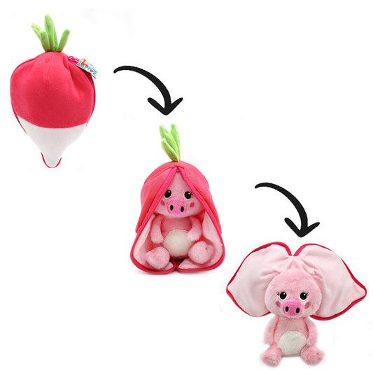 Plush flip toy: pink pig in red radish pod, with green tops (set of 3 views)