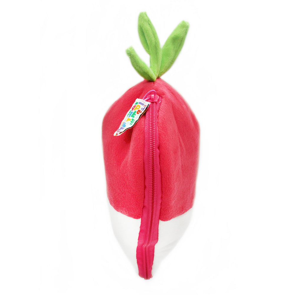 Back view plush radish pod with green leaves and red zipper detail