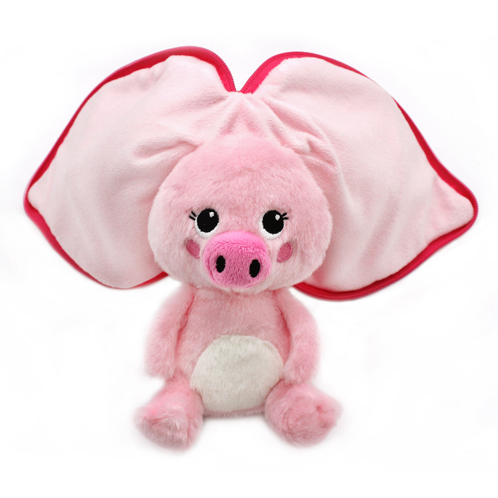 Pink pig plush with floppy light pink ears trimmed in red, pig face and small feet