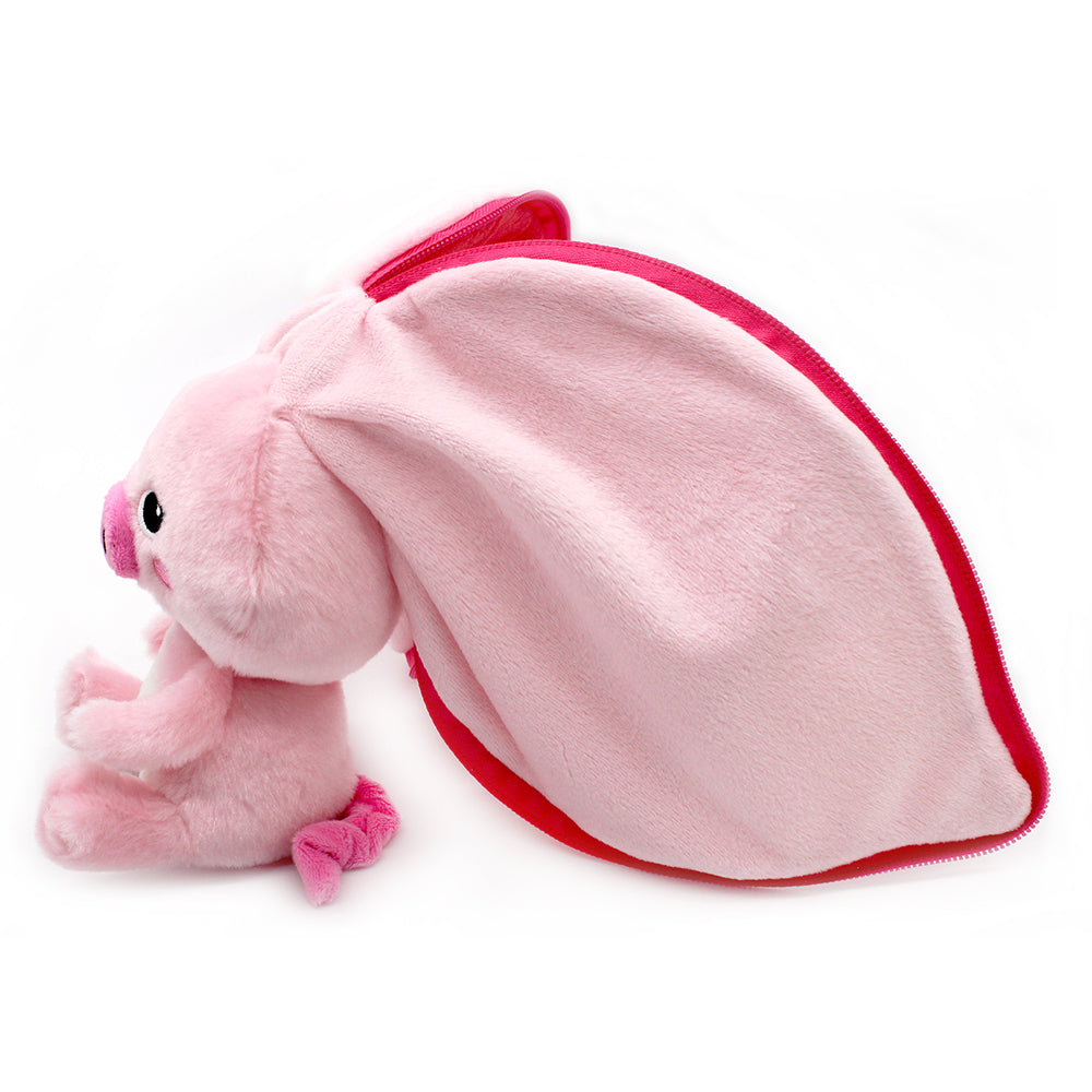 Side view pink pig plush with light pink floppy ears and red-trim accent stitching