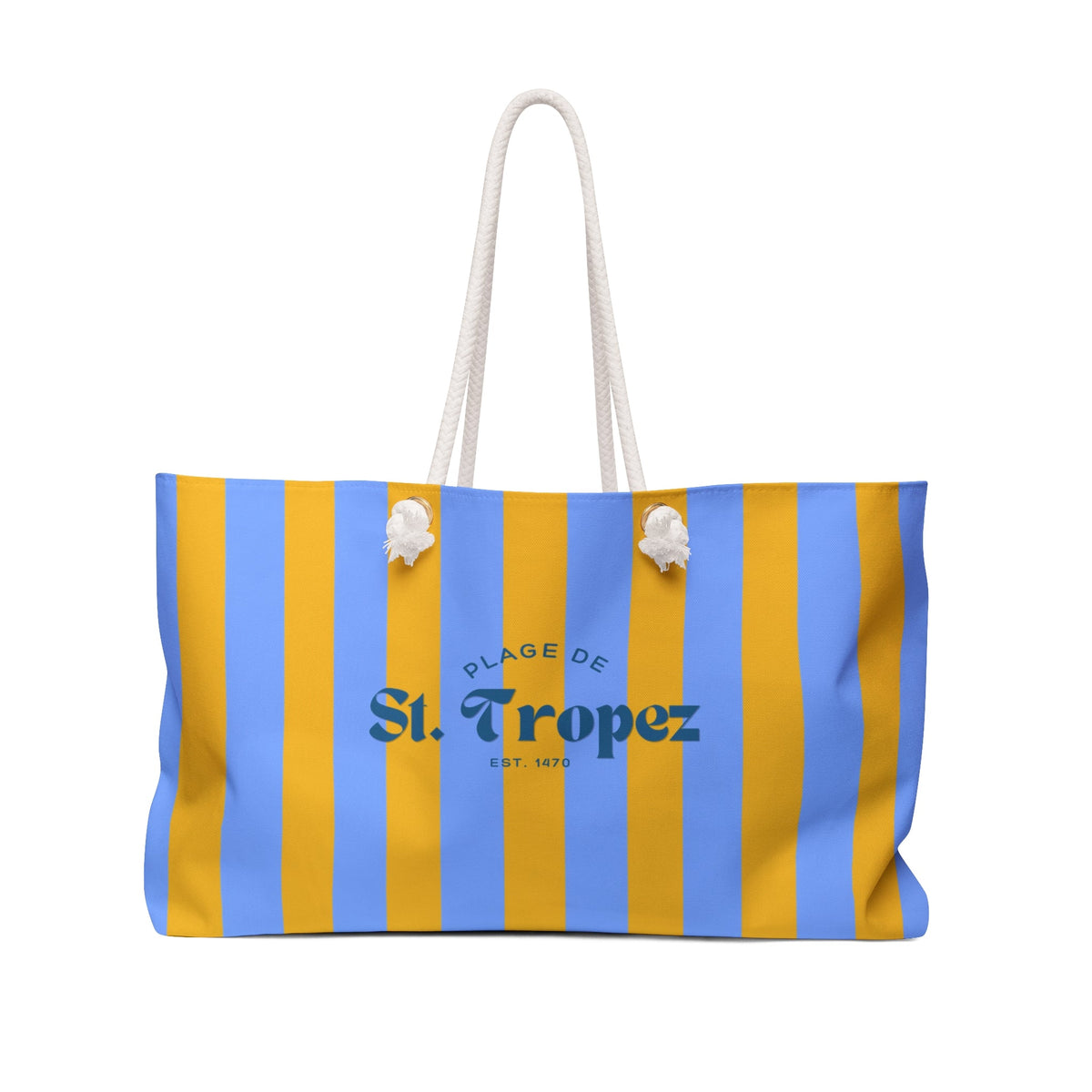 Striped beach tote with rope handles, blue and yellow vertical stripes