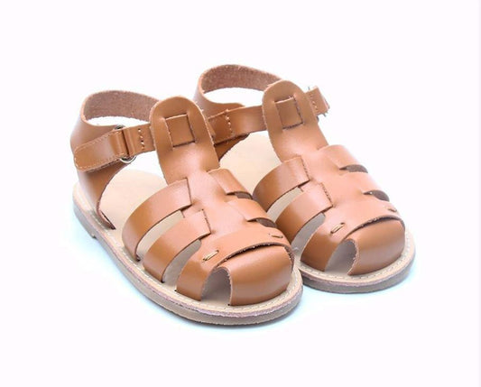 Kids' tan leather sandals with adjustable buckle straps and open-toe design