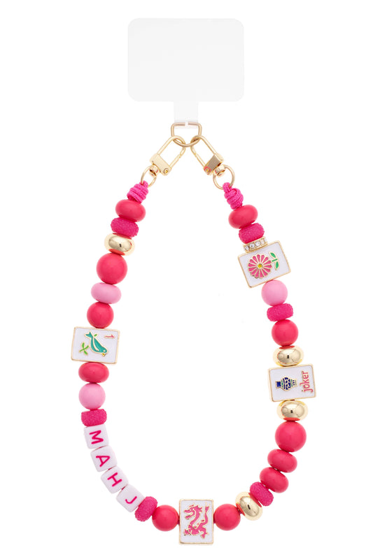 Mahjong beaded cellphone wristlet with pink and fuchsia beads and multicolor tile charms